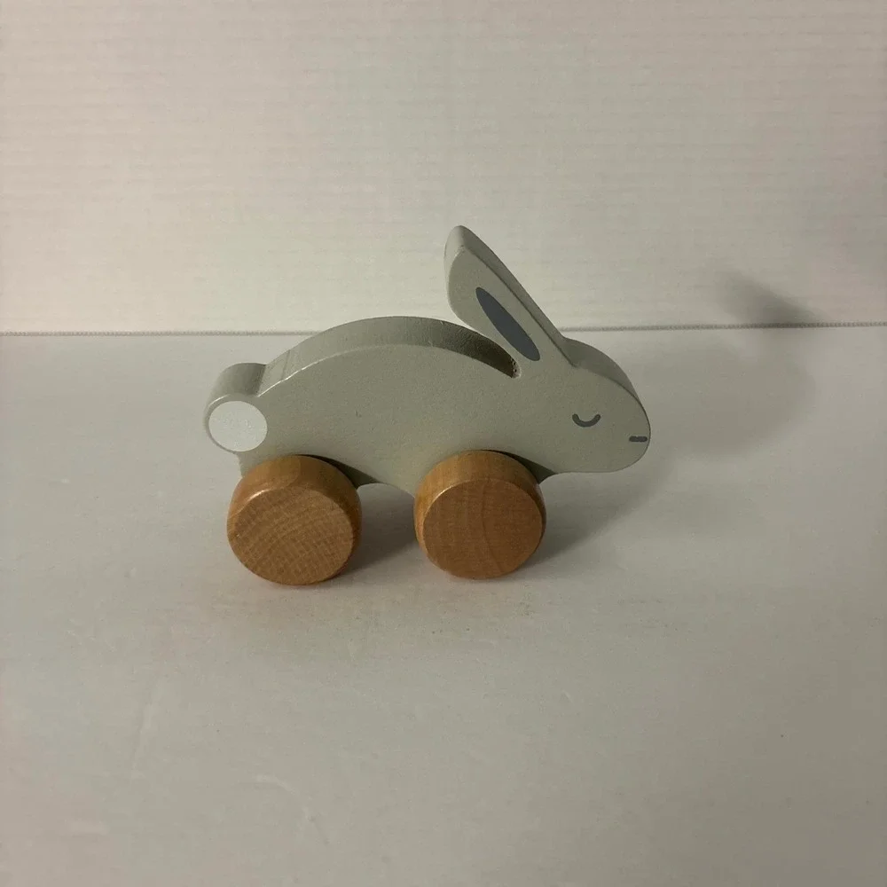 Wooden Bunny Rabbit Push Toy Gray Natural Wood Rolling Nursery Easter Decor